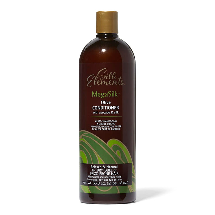 Silk Elements front packaging showing 33.8oz bottle and benefits for manageable hair