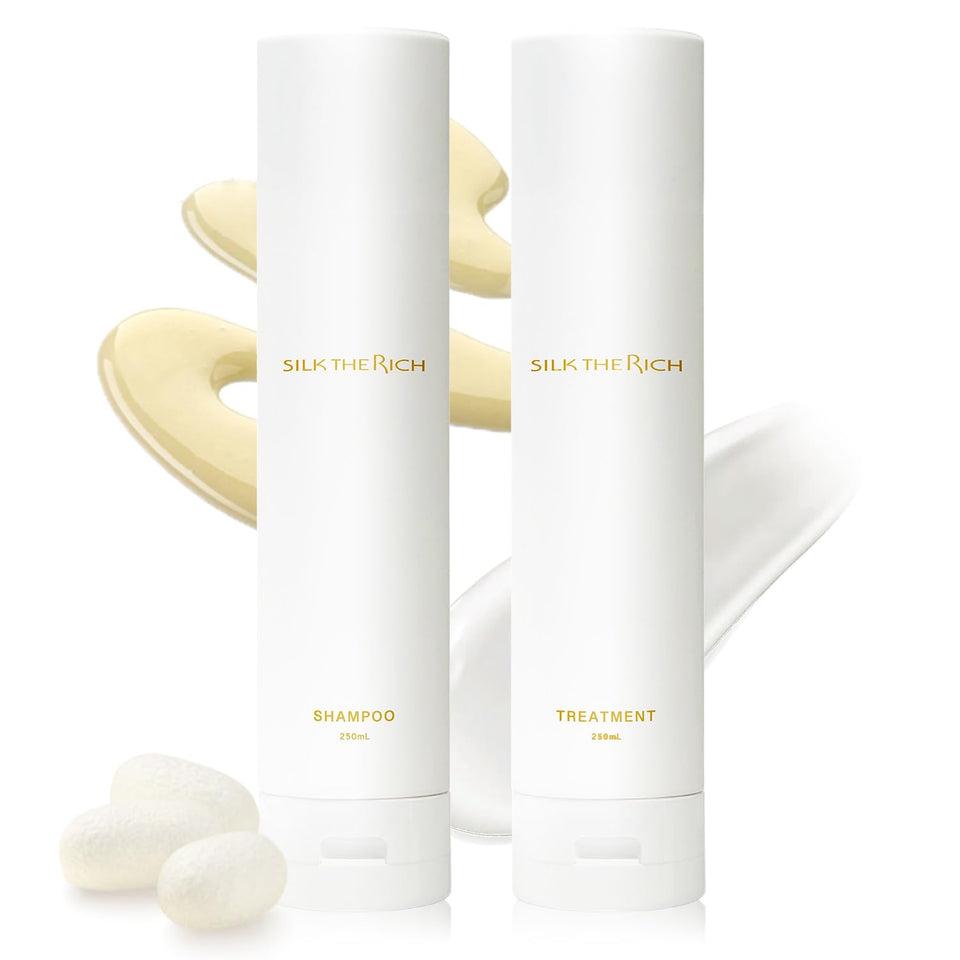 SILK THE RICH front packaging showing full shampoo and conditioner set benefit: visible salon-style presentation