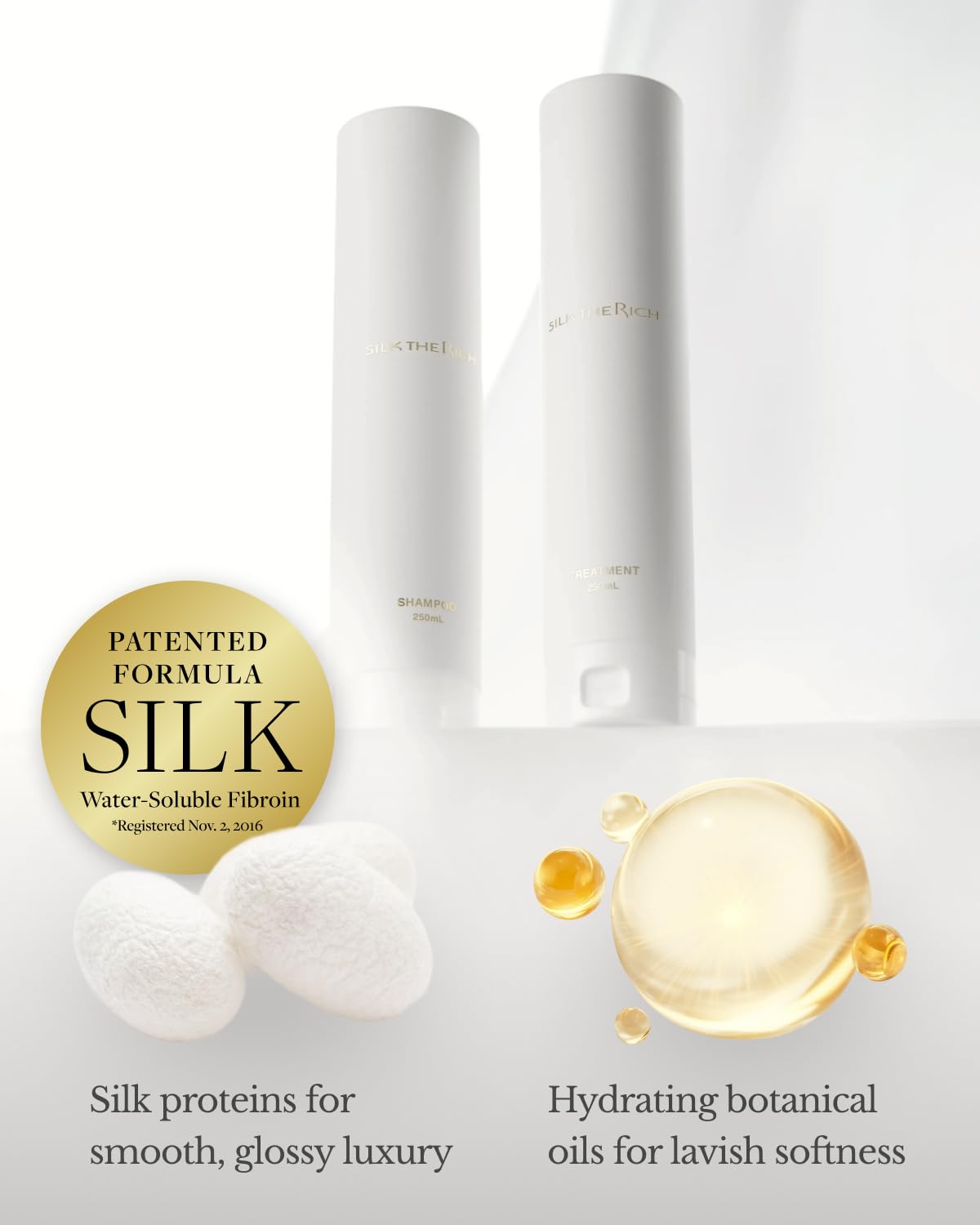 SILK THE RICH bottles held in hand for scale showing compact 8.5 fl oz size benefit