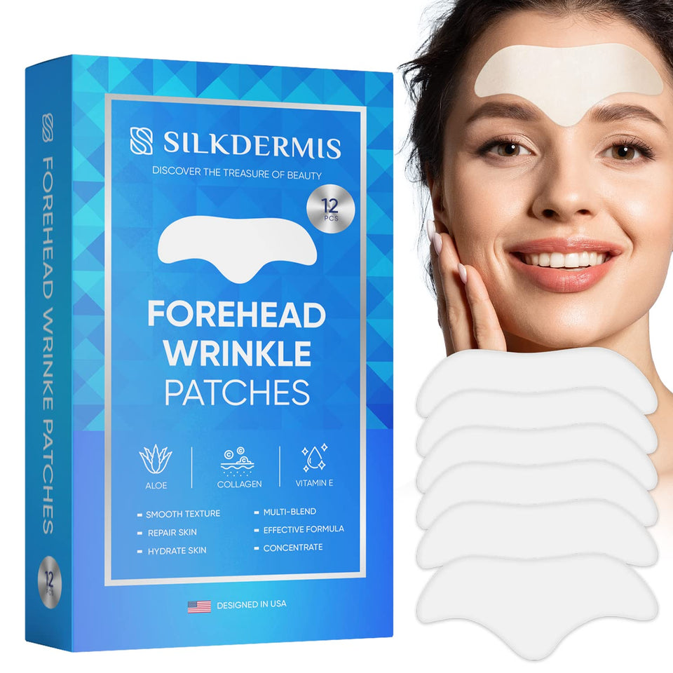 SILKDERMIS front packaging showing 12 white forehead patches and benefits