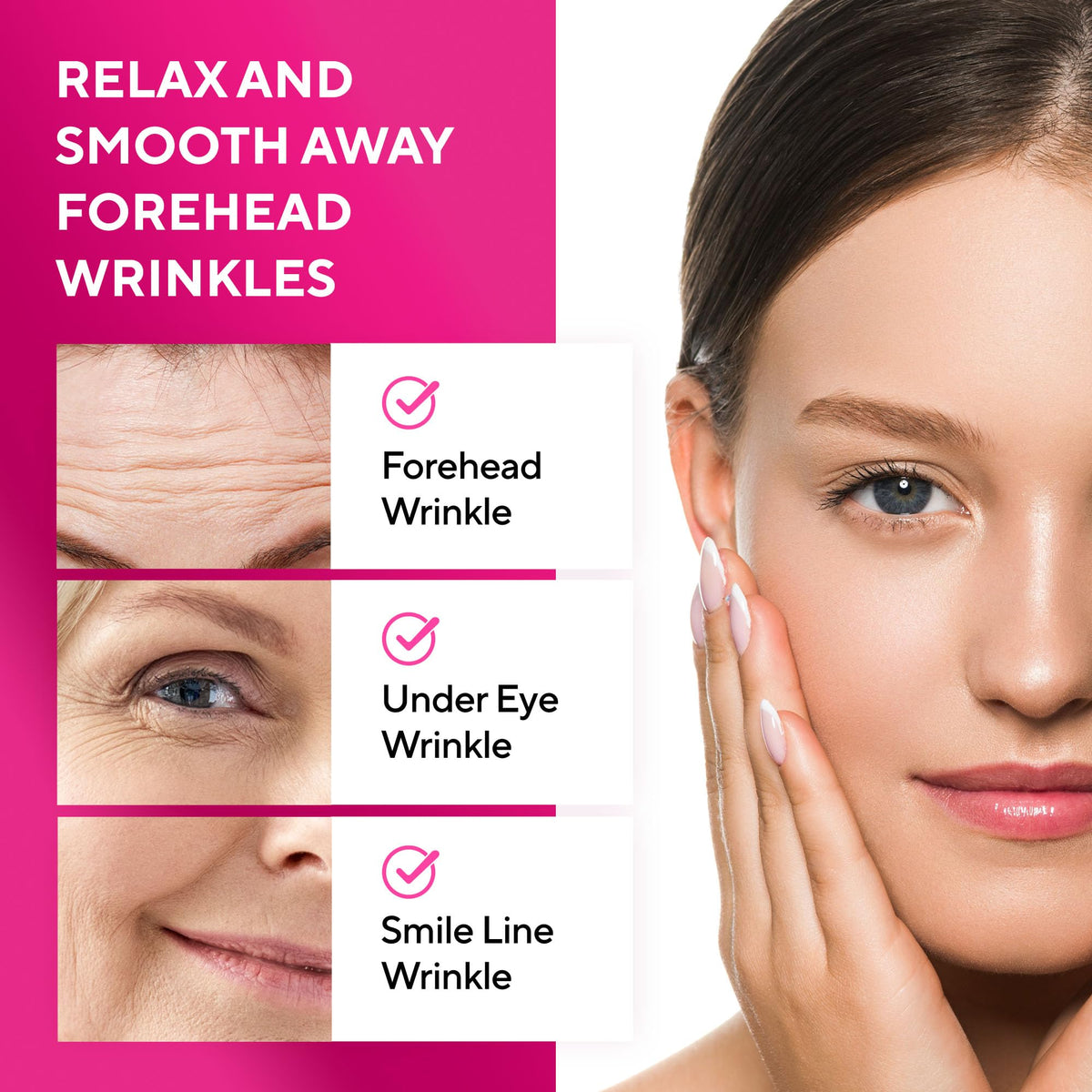 SILKDERMIS patch on model forehead illustrating secure wear overnight comfort