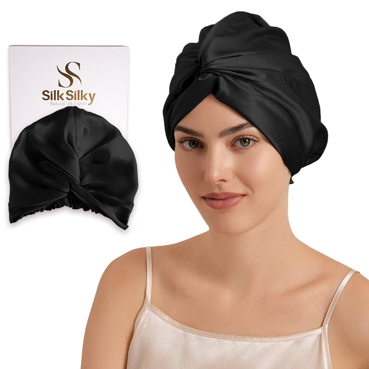 SilkSilky black bonnet front view showing sleek protective design and comfort