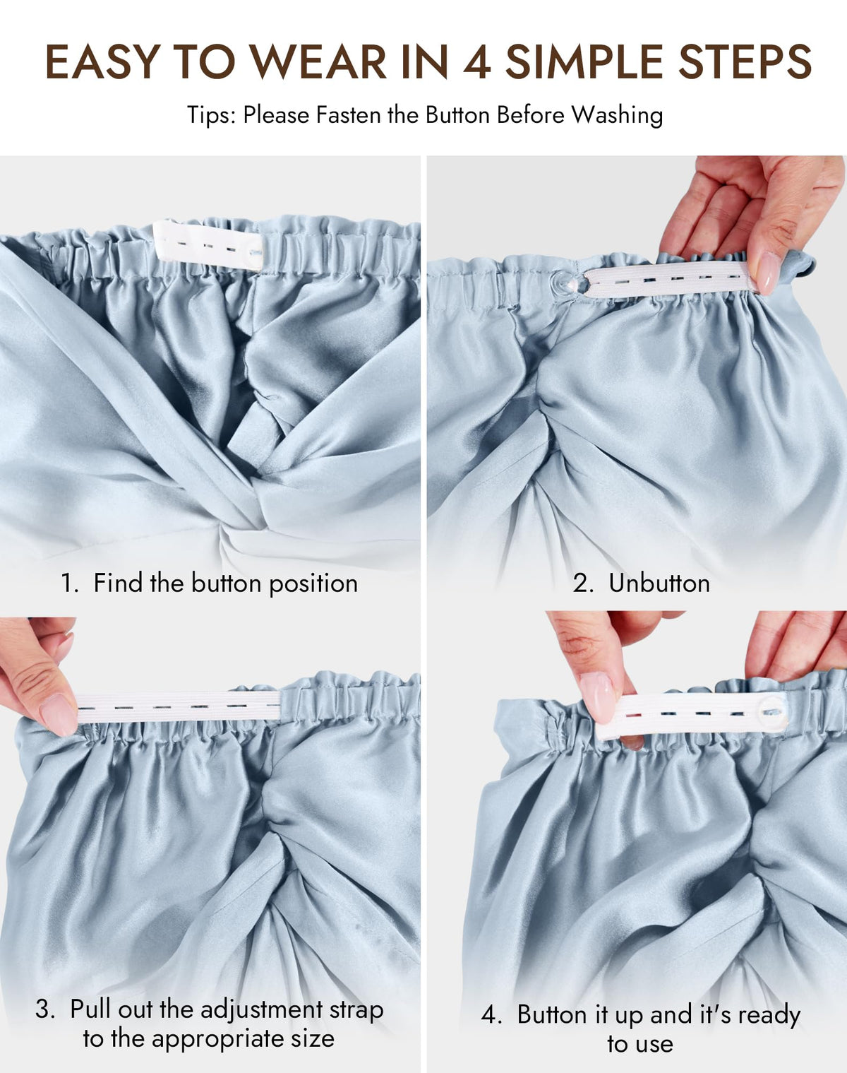 SilkSilky bonnet beside a hand for scale showing comfortable coverage benefit