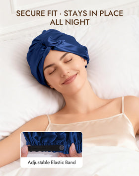 SilkSilky bonnet worn in bedroom setting demonstrating comfortable overnight use
