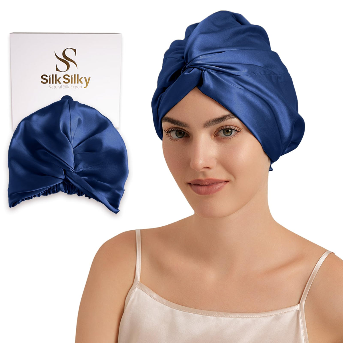 SilkSilky bonnet front view showing dark blue color and neat finish, protective benefit