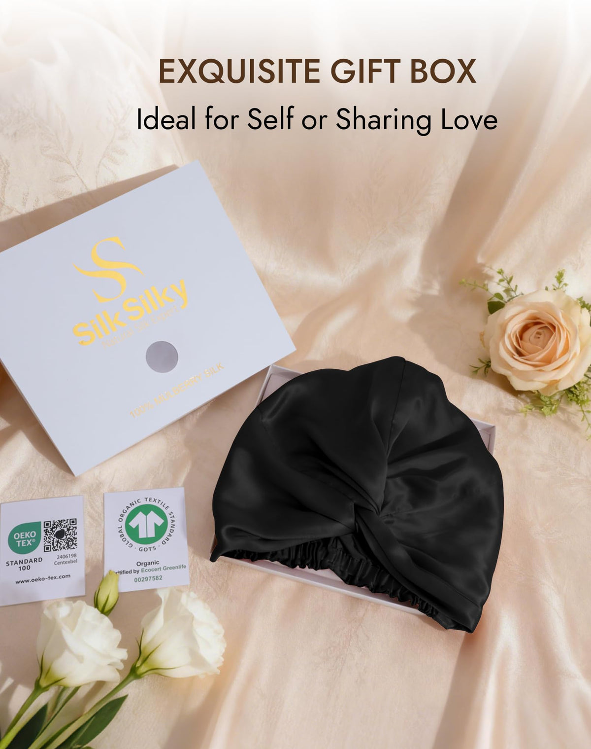 SilkSilky bonnet folded into travel pouch for easy packing and on-the-go care