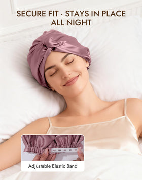 SilkSilky model wearing sleep cap illustrating comfortable overnight hair protection