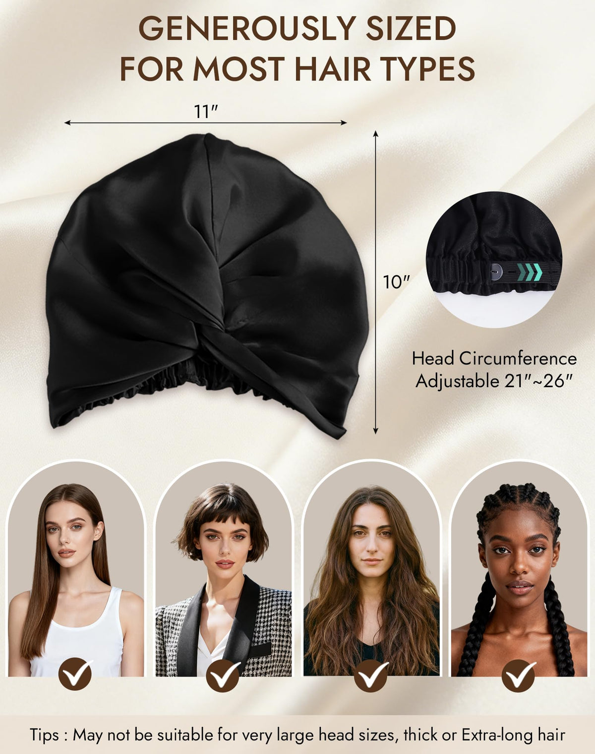 SilkSilky model wearing sleep cap demonstrating frizz-control and comfortable fit