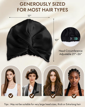 SilkSilky model wearing sleep cap demonstrating frizz-control and comfortable fit