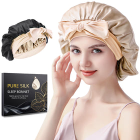 SILMANA front view of champagne silk bonnet in packaging showing luxury gift feel