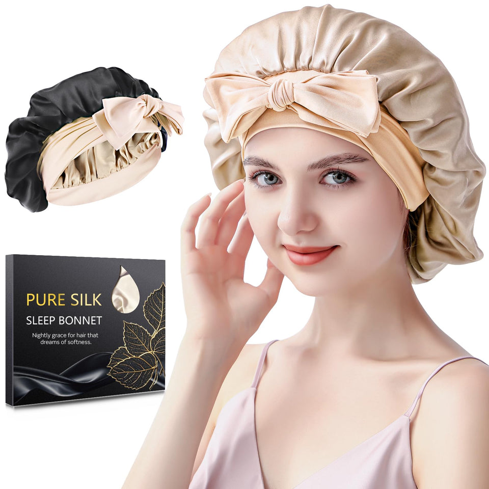 SILMANA front view of champagne silk bonnet in packaging showing luxury gift feel