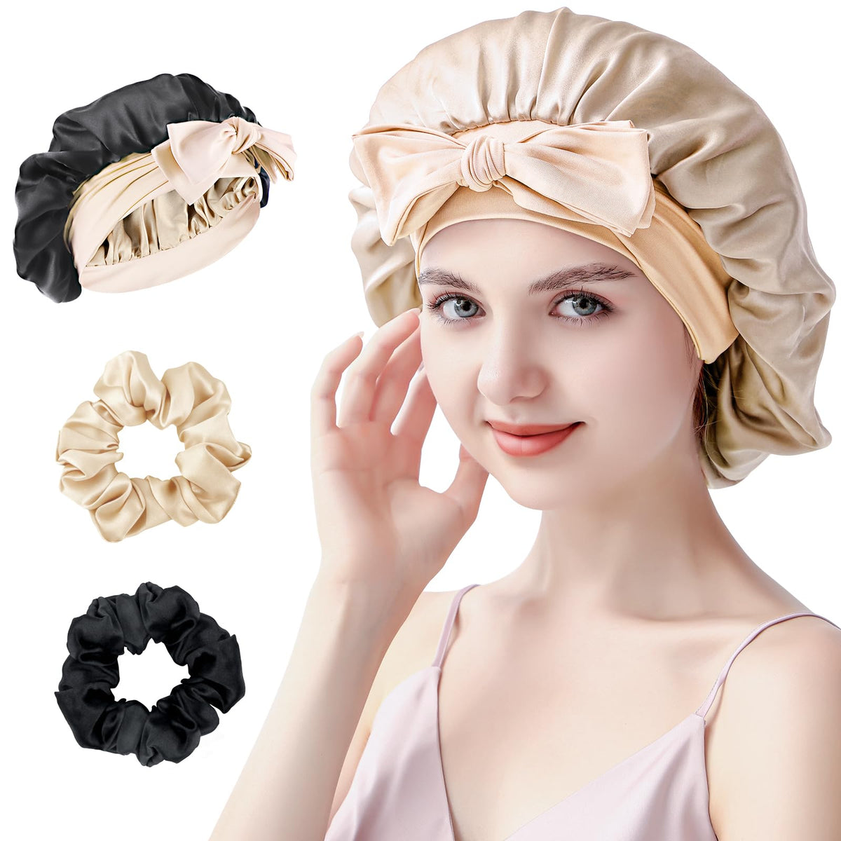 Silmana bonnet front view showing light gold reversible look and elegant protection