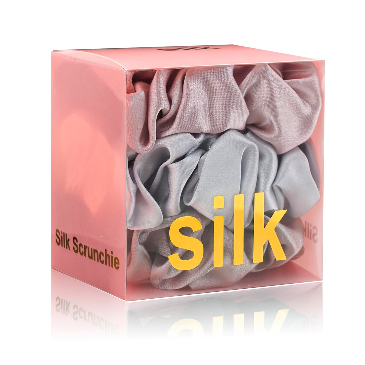 Silmer front packaging displaying three silk scrunchies and color variety for gifting