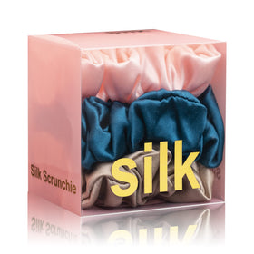Silmer front packaging showing three silk scrunchies with elegant look and convenience