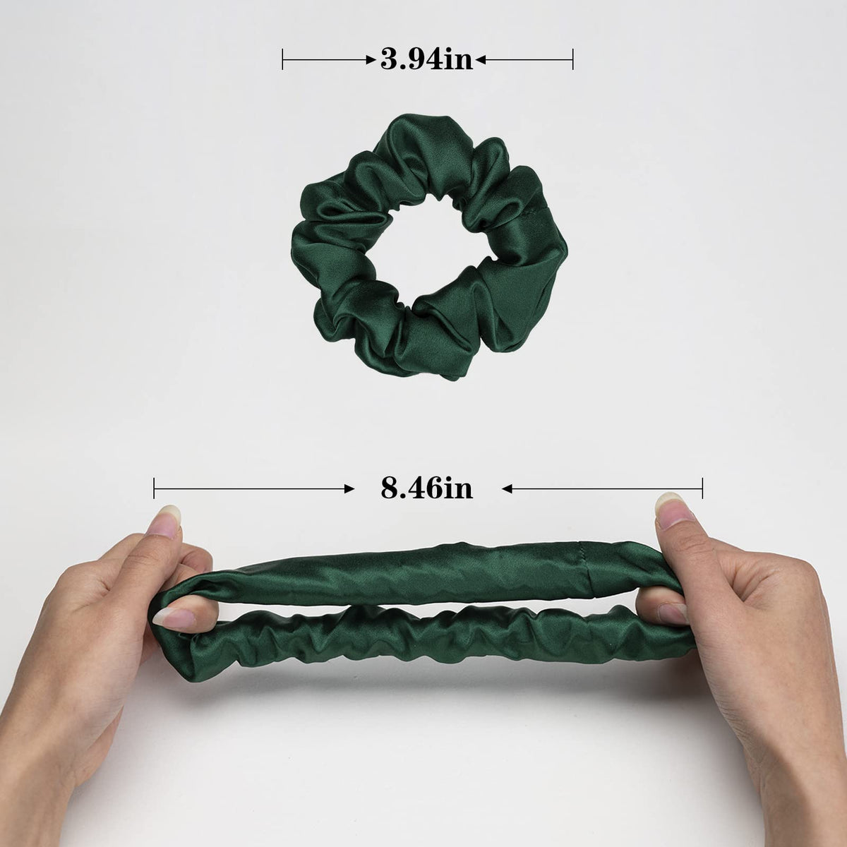 Silmer scrunchie in hand to show size and volume for crease-free styling