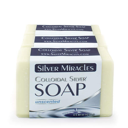 Silver Miracles front packaging showing three soap bars and label, highlights convenient 3-pack