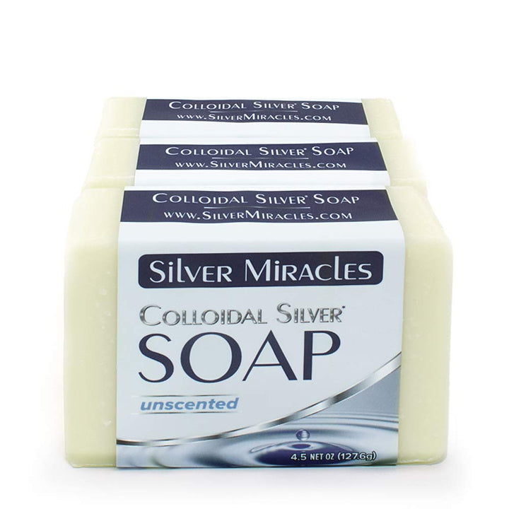 Silver Miracles front packaging showing three soap bars and label, highlights convenient 3-pack