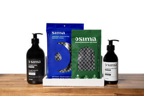 Sima bottle with exfoliating towel demonstrating gentle exfoliation