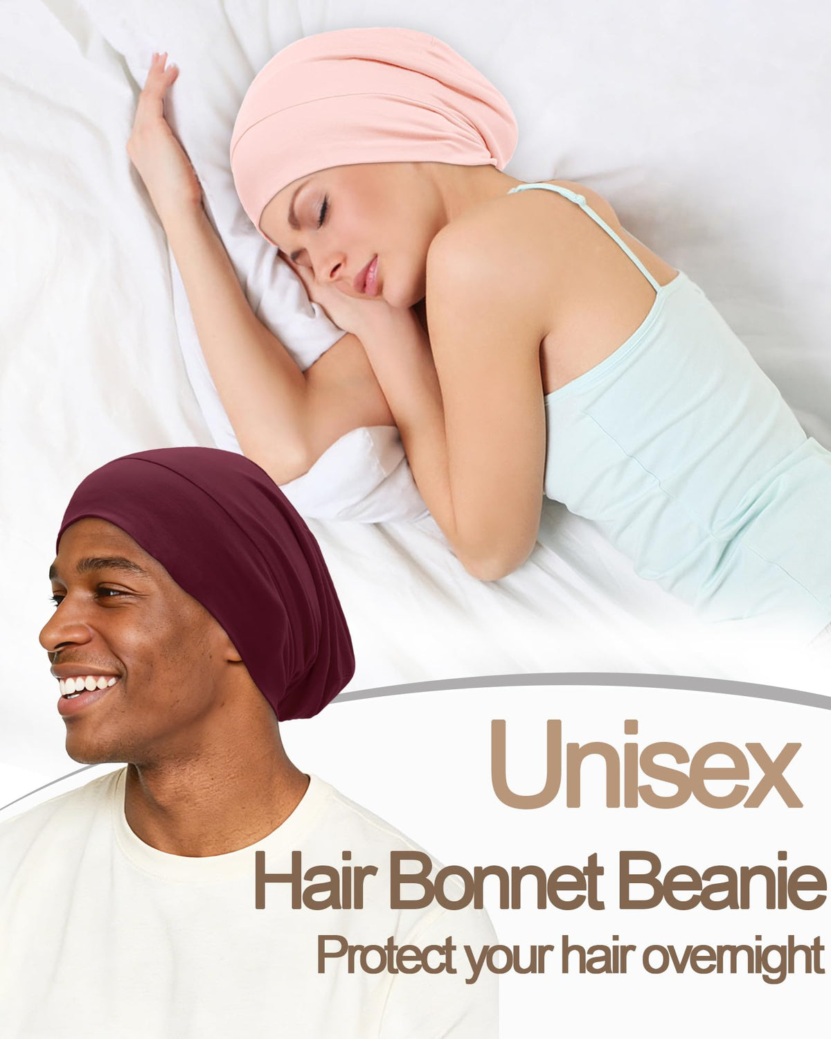 Simapu night bonnet worn by model to protect curls while sleeping