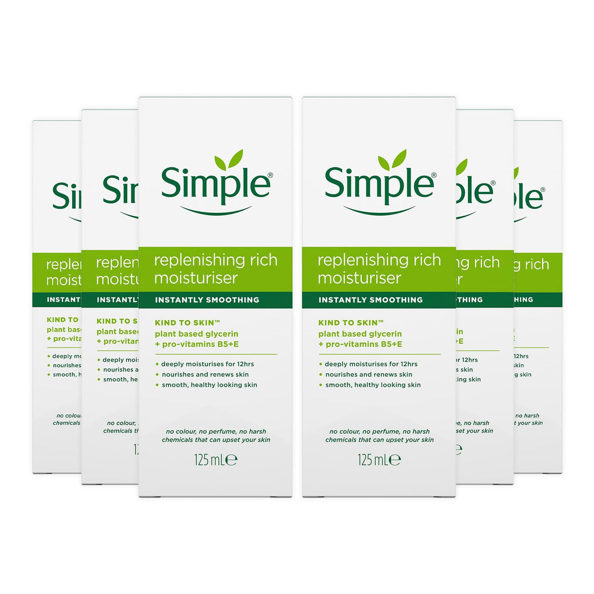 Simple front packaging 6 pack showing product and quantity benefits