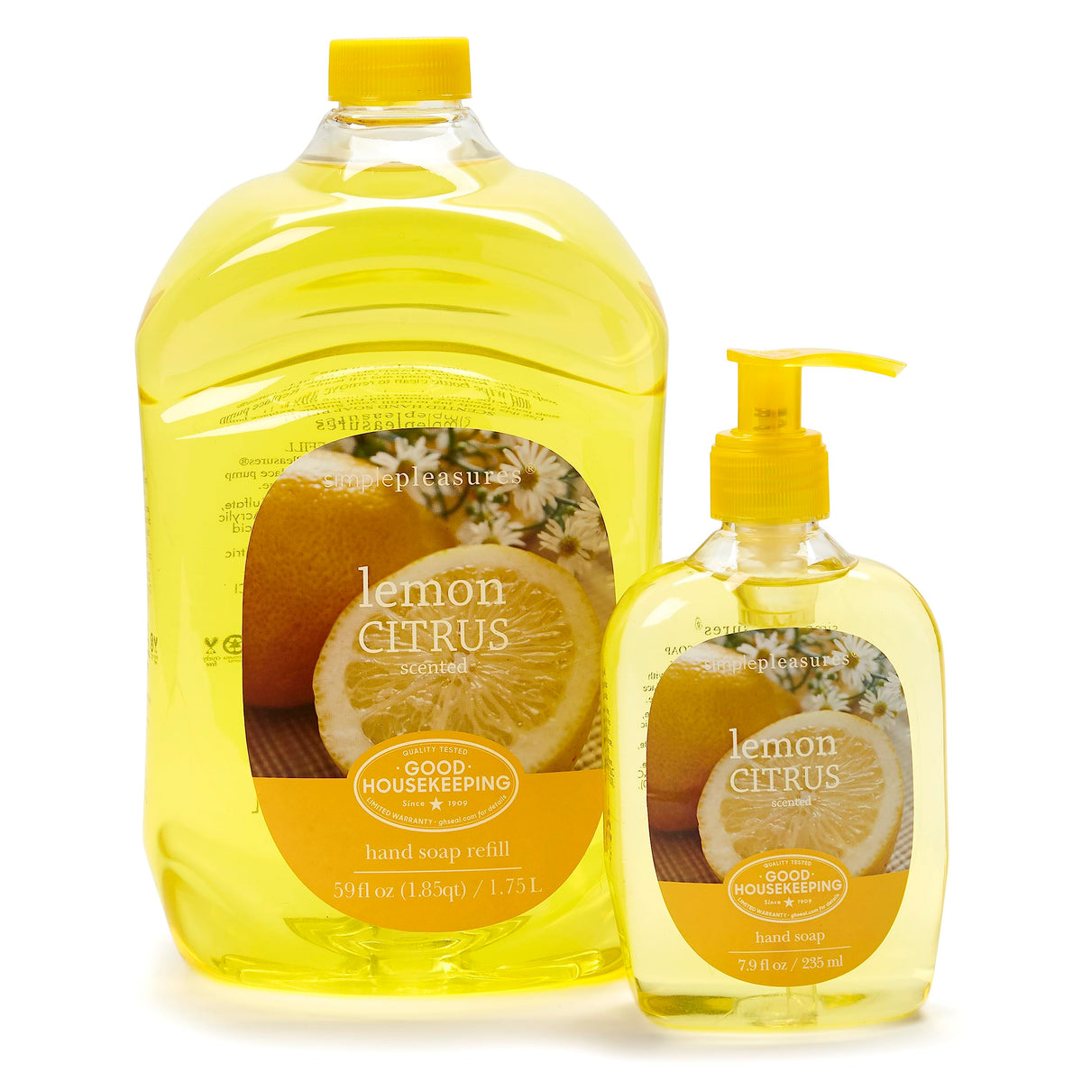 SIMPLE PLEASURES front packaging showing pump bottle and refill, easy setup benefit