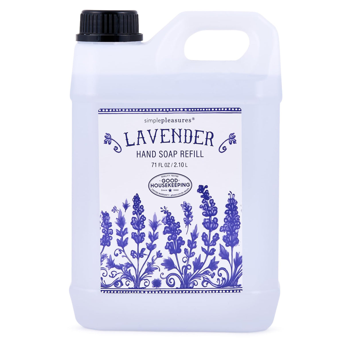 SIMPLE PLEASURES lavender refill jug front packaging shows label and size for easy identification and convenience