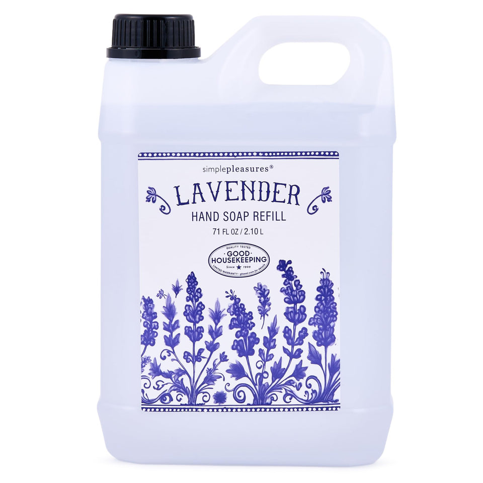 SIMPLE PLEASURES lavender refill jug front packaging shows label and size for easy identification and convenience