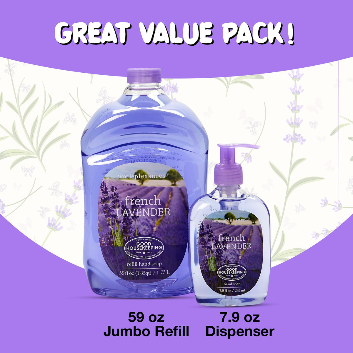SIMPLE PLEASURES 59 oz refill bottle demonstrating bulk value