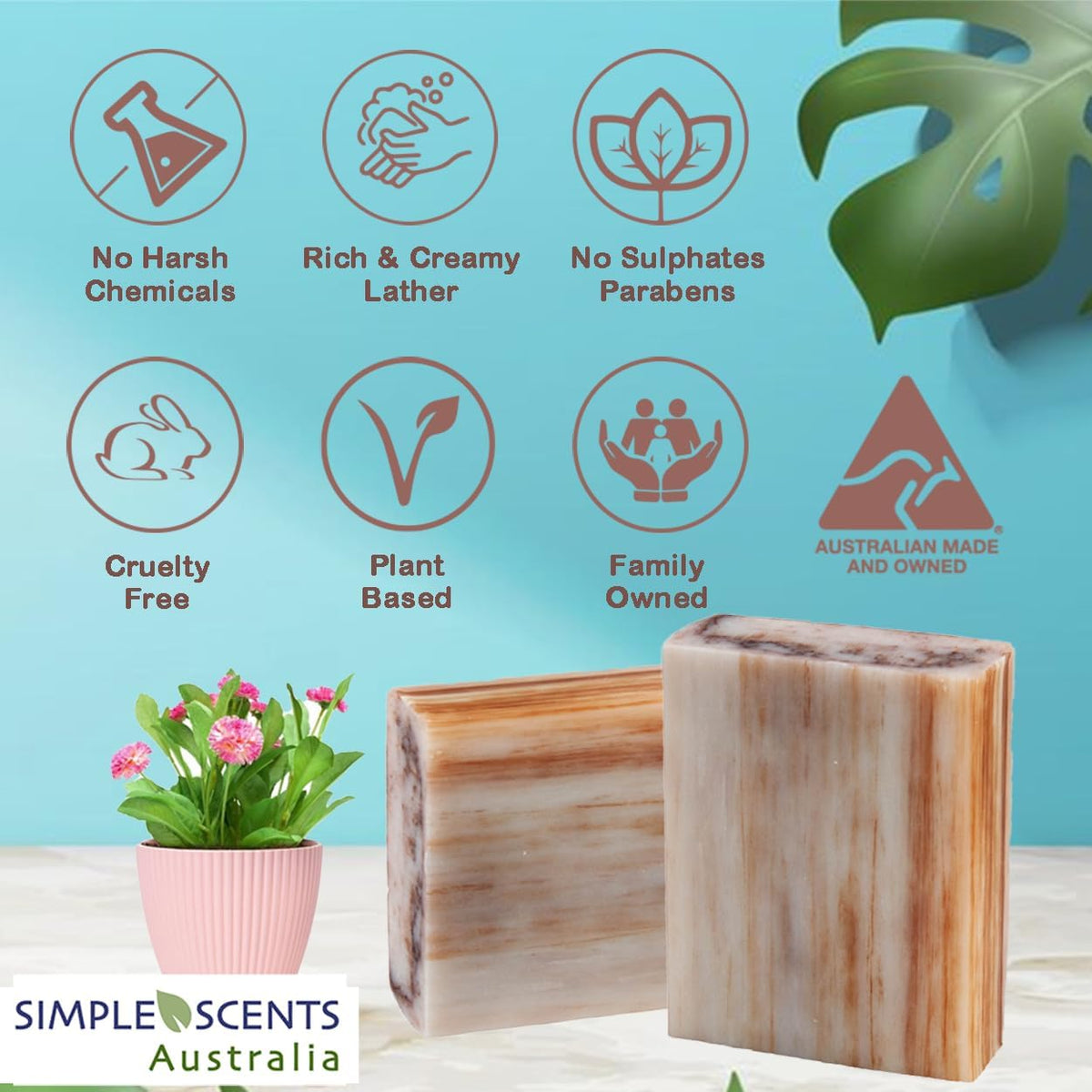 Simple Scents Australia soap producing rich cream lather in hand for deep hydration benefit