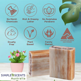 Simple Scents Australia soap producing rich cream lather in hand for deep hydration benefit