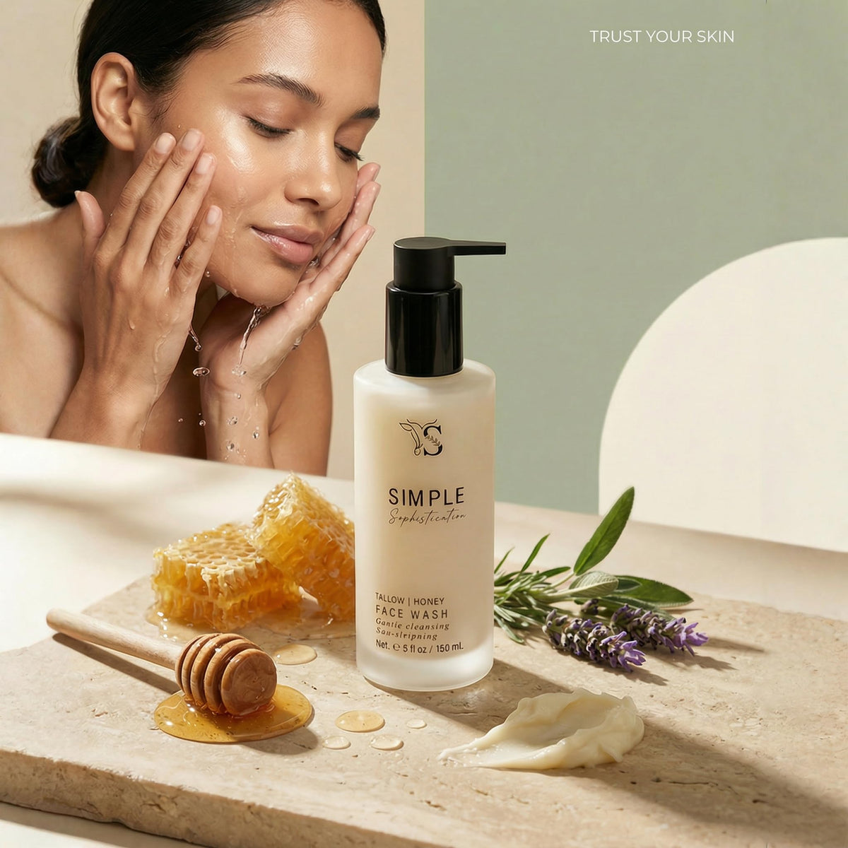 Simple Sophistication cleanser dispensed into hand demonstrating gentle spreadability
