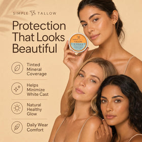 Simple Sophistication balm applied to cheek showing gentle coverage for sensitive skin