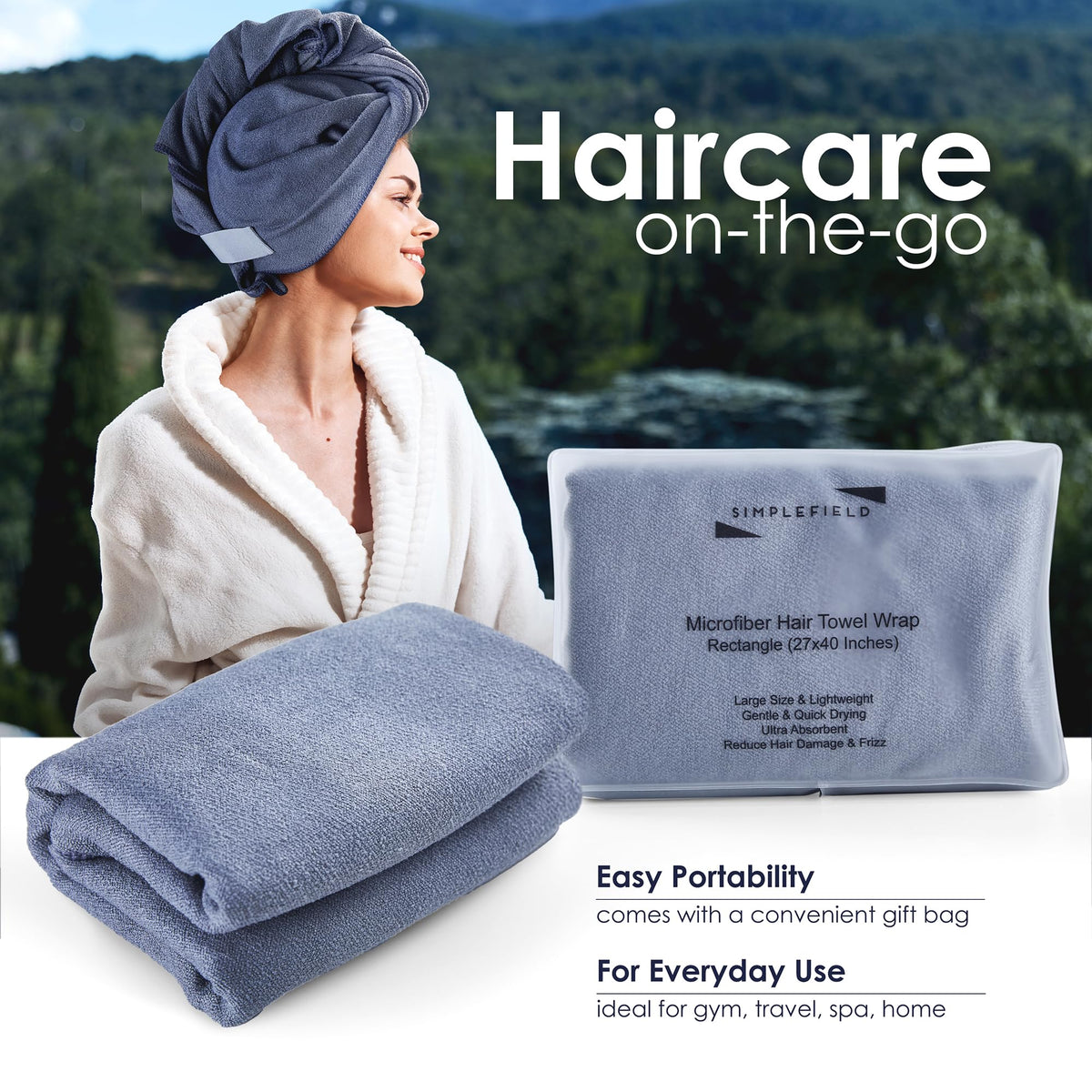 SimpleField model wrapping long hair showing hands-free drying benefit