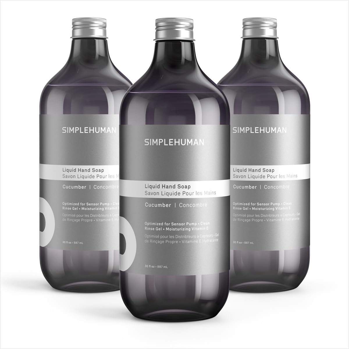 simplehuman front packaging showing three 30 fl oz bottles and bulk savings benefit