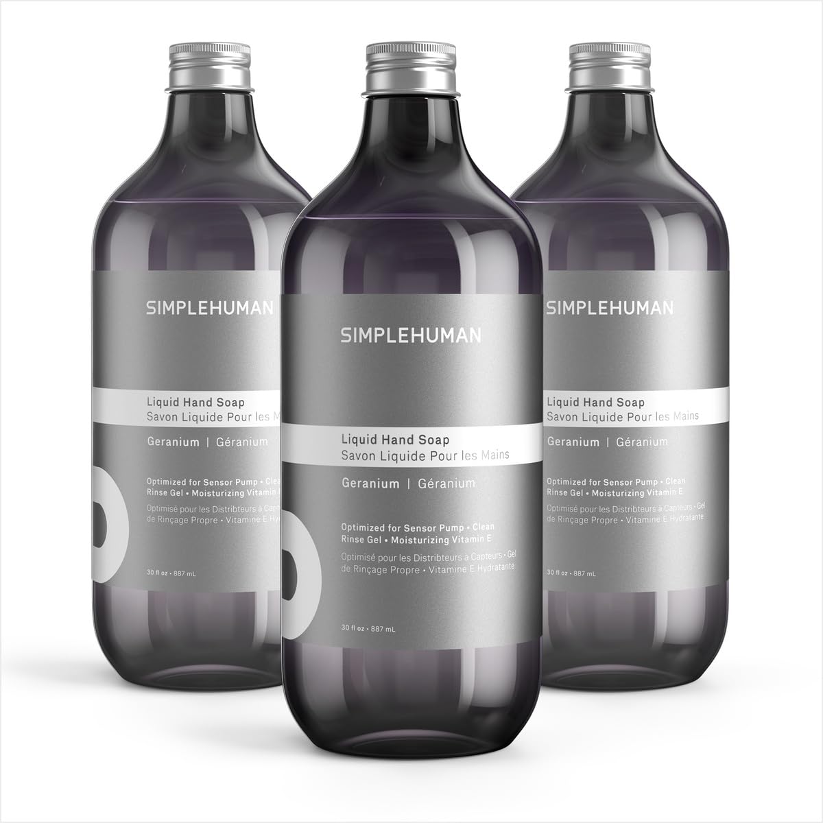 simplehuman front packaging showing three geranium refill bottles and value