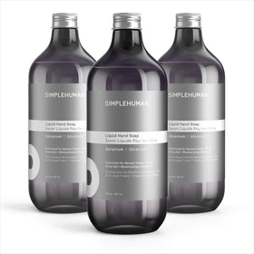 simplehuman front packaging showing three geranium refill bottles and value