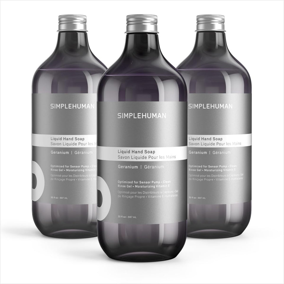 simplehuman front packaging showing three geranium refill bottles and value