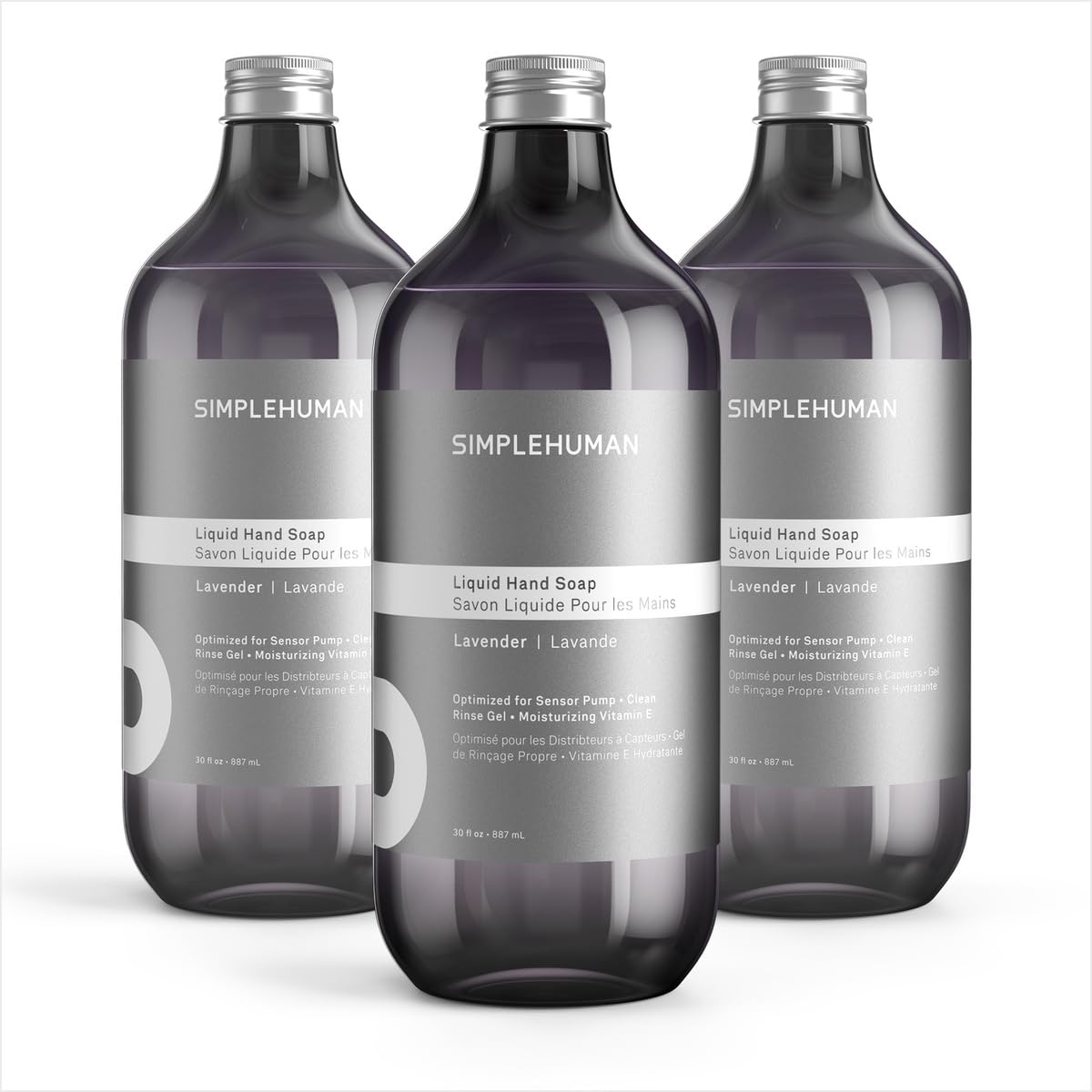 simplehuman three 30 fl oz refill bottles front view showing label and scent benefits