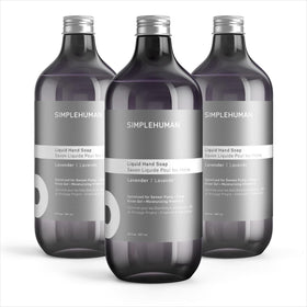 simplehuman three 30 fl oz refill bottles front view showing label and scent benefits