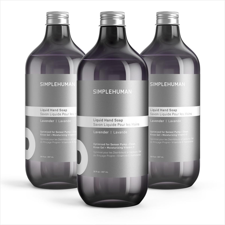 simplehuman three 30 fl oz refill bottles front view showing label and scent benefits