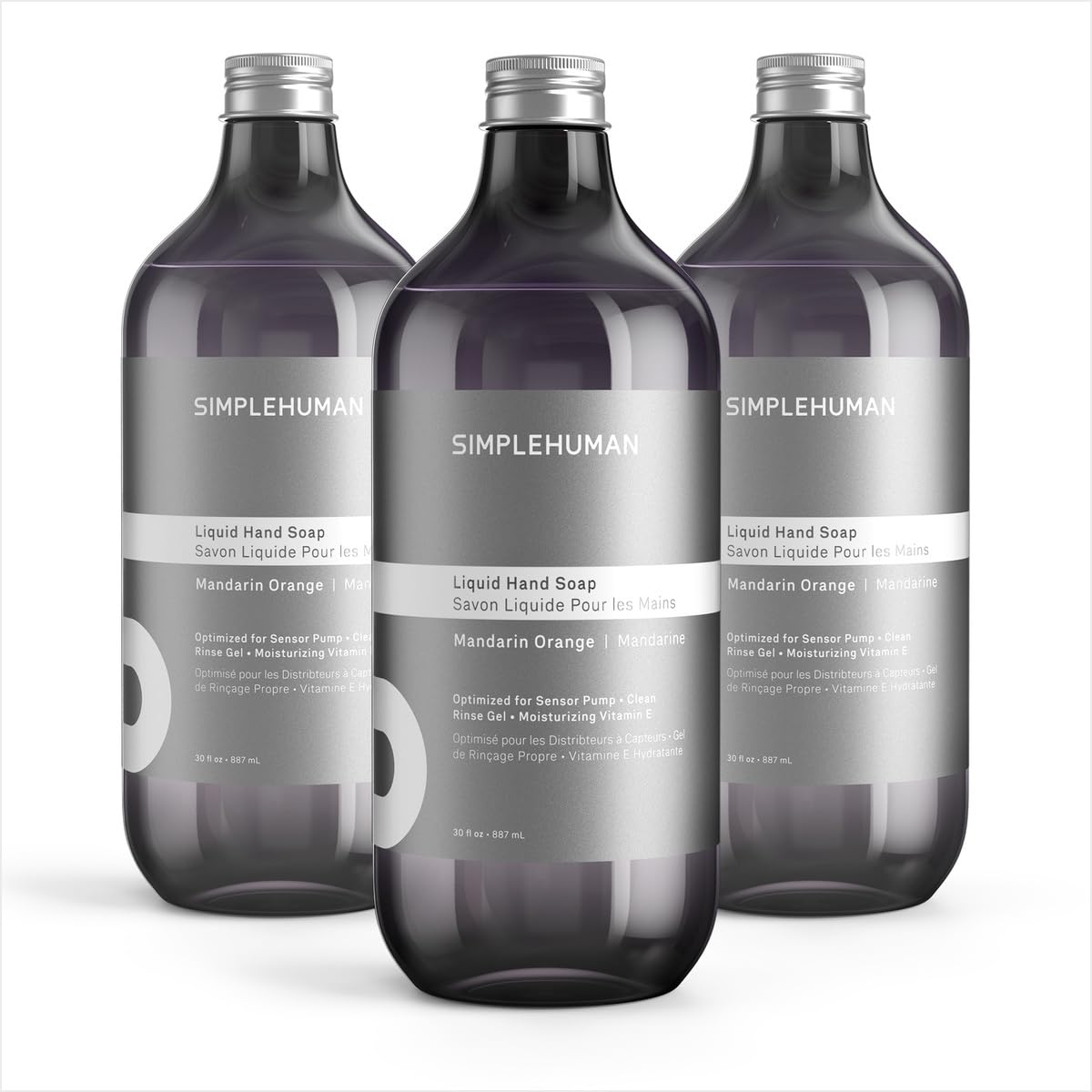 simplehuman front packaging showing three 30 fl oz bottles and easy refill convenience