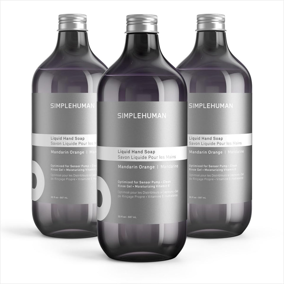 simplehuman front packaging showing three 30 fl oz bottles and easy refill convenience