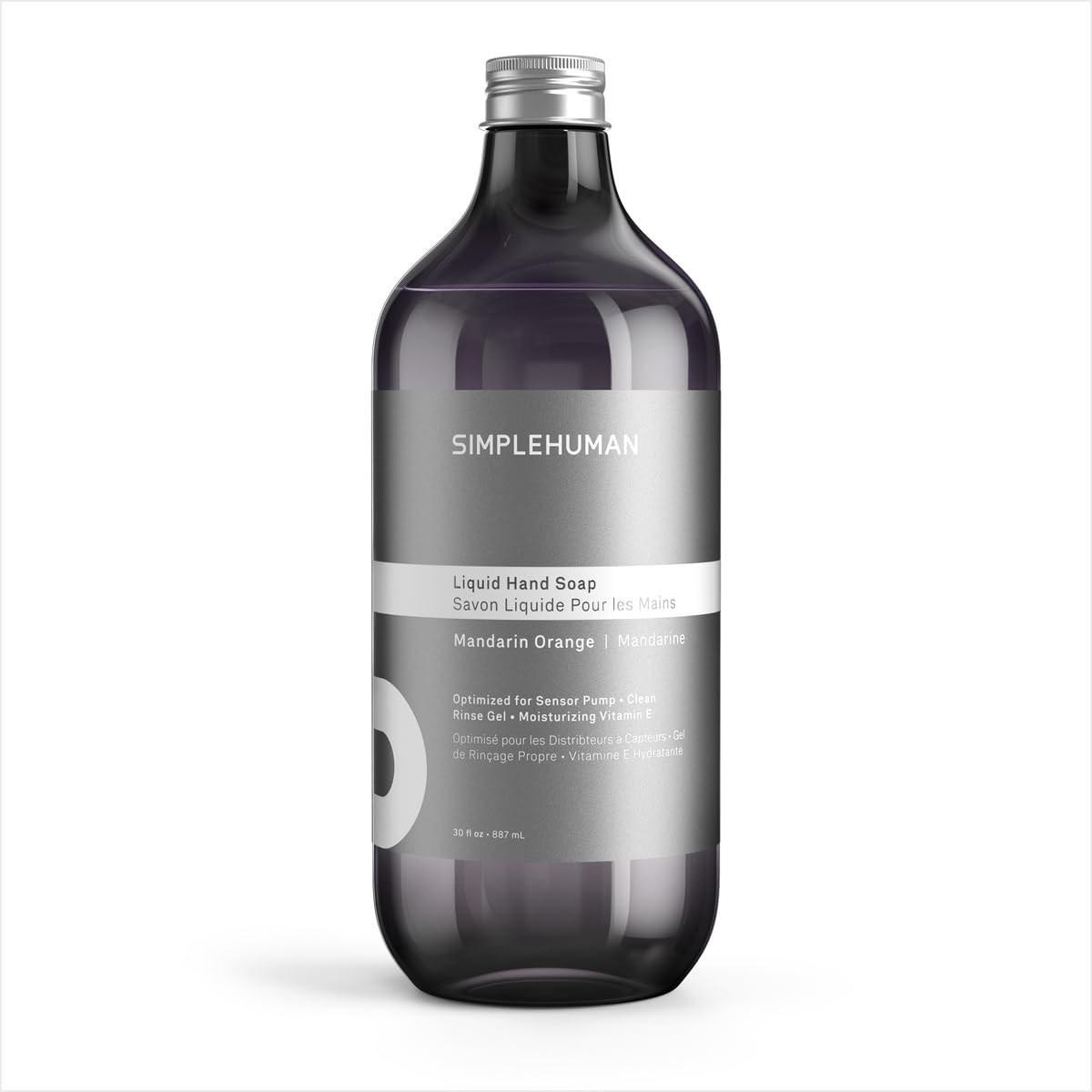 simplehuman front packaging showing 30 fl oz refill and citrus label for easy replacement