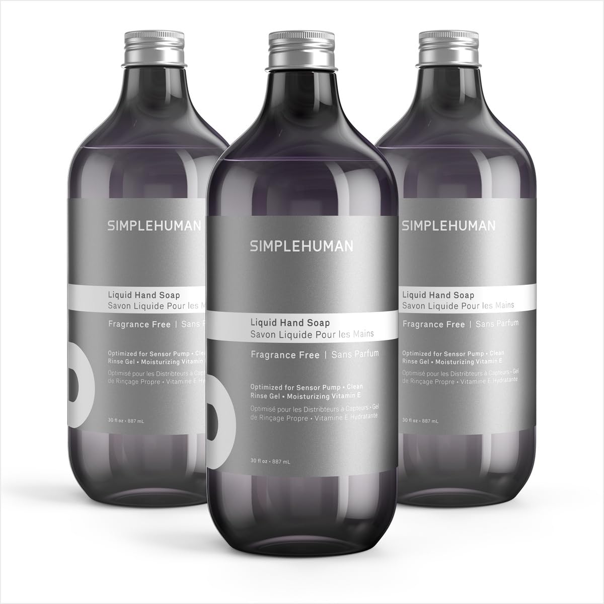 simplehuman three-bottle pack front view shows refill bulk value