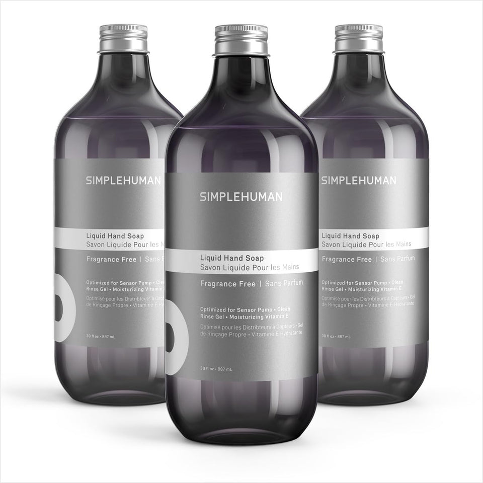 simplehuman three-bottle pack front view shows refill bulk value
