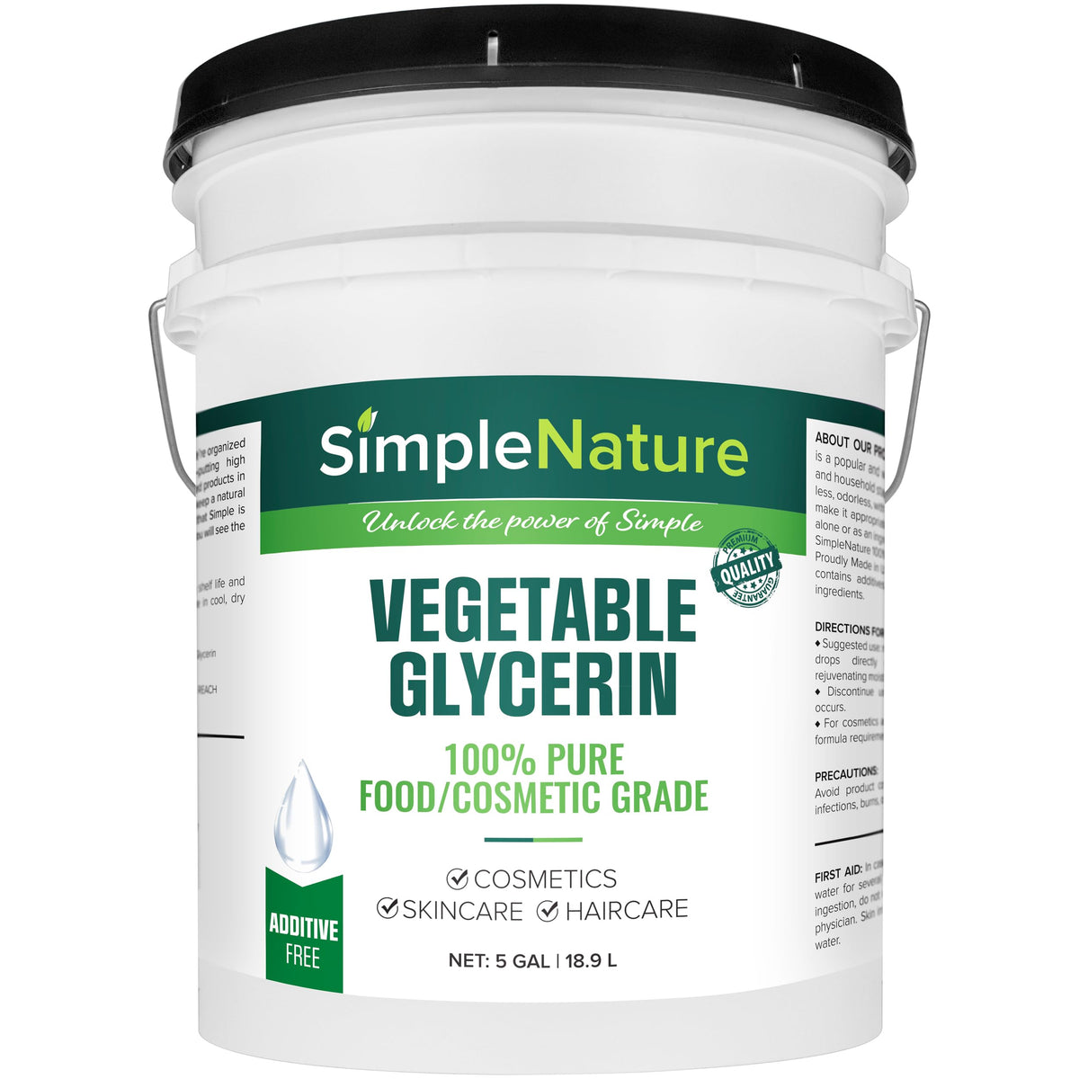 SimpleNature front packaging showing 5-gallon pail and handle, convenient bulk supply