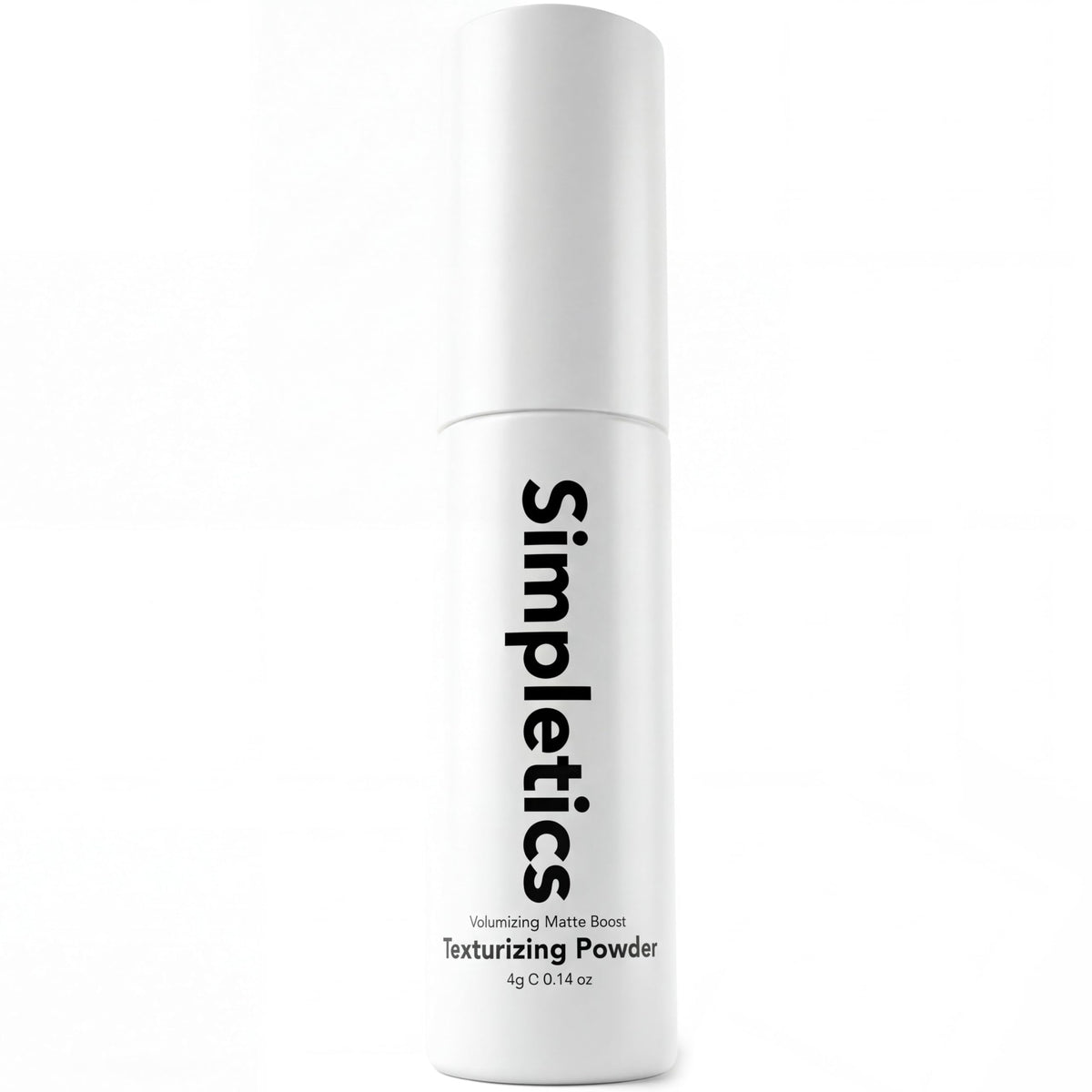 Simpletics front packaging showing compact travel-ready texturizing powder and quick styling benefit