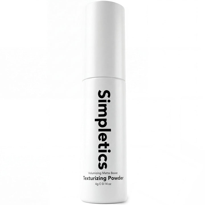 Simpletics front packaging showing compact travel-ready texturizing powder and quick styling benefit