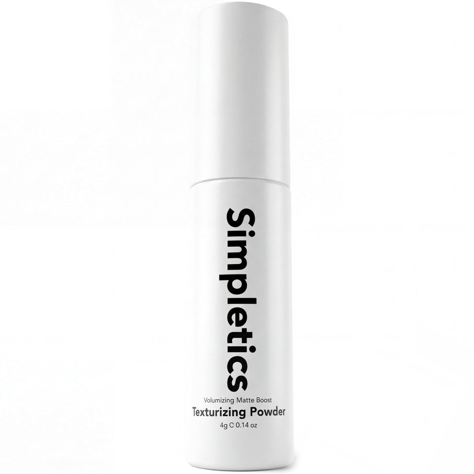 Simpletics front packaging showing compact travel-ready texturizing powder and quick styling benefit