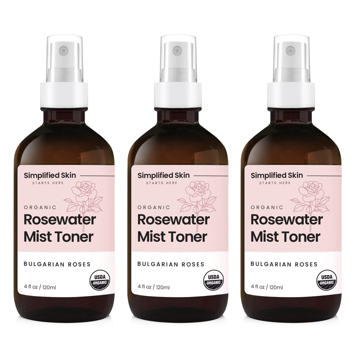 Simplified Skin front bottle view showing organic packaging and hydration benefit